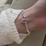 925 Silver Pink Zircon Heart Bracelet Women's Fine Jewelry
