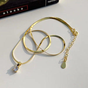 925 Silver Flat Snake Chain Zircon Pendant Necklace