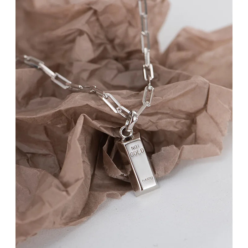925 Silver Bricks Shape Pendant Necklace for Women Minimalist Jewelry