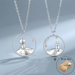 925 Silver Little Prince and Fox Couple Pendant Necklace Gift