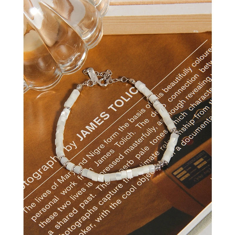 925 Sterling Silver Natural Shell Beaded Bracelet for Women