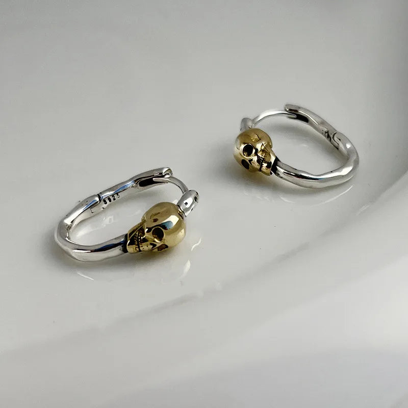 925 Silver Punk Rock Skull Hoop Earrings Vintage Jewelry