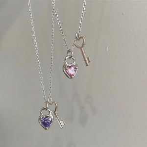 925 Silver Purple Pink Zircon Key Pendant Necklace for Women