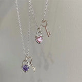 925 Silver Purple Pink Zircon Key Pendant Necklace for Women