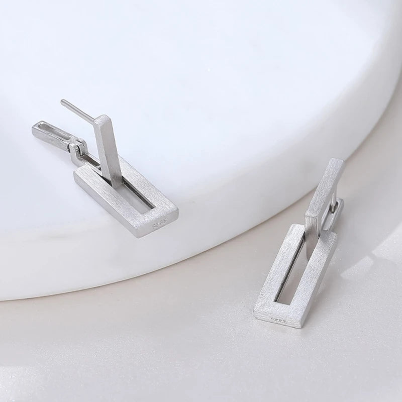 925 Silver Rectangle Matte Drop Earring Women Fashionable Aesthetics Jewelry