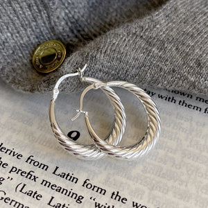 925 Silver Ripple Round Hoop Earrings Twist Texture Minimalist Jewelry