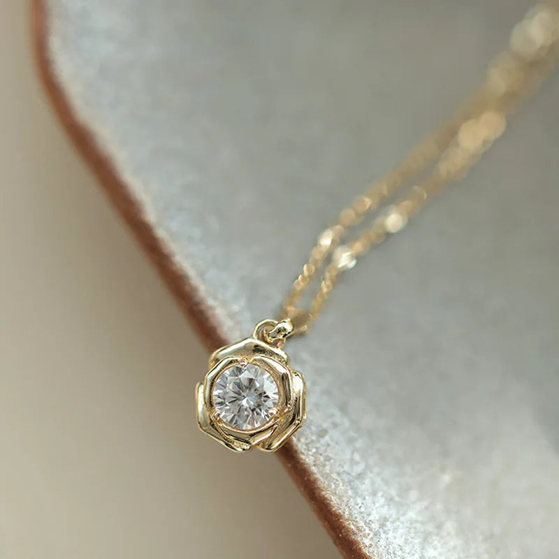 925 Silver Rose Flower Pendant Necklace with Zirconia