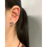 925 Silver Cherry Stud Earrings Asymmetry Red Green Pixels Jewelry