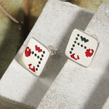 925 Silver Cherry Stud Earrings Asymmetry Red Green Pixels Jewelry