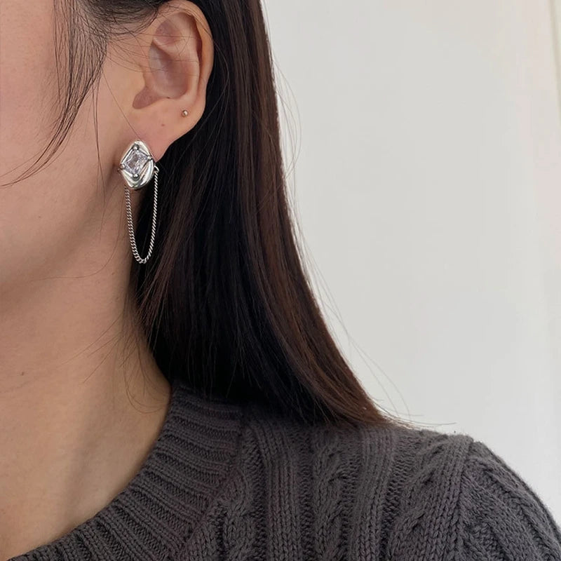925 Sterling Silver Square Zircon Chain Stud Earrings Vintage Tassel Jewelry