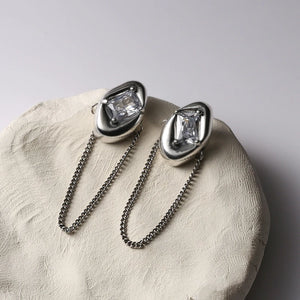 925 Sterling Silver Square Zircon Chain Stud Earrings Vintage Tassel Jewelry