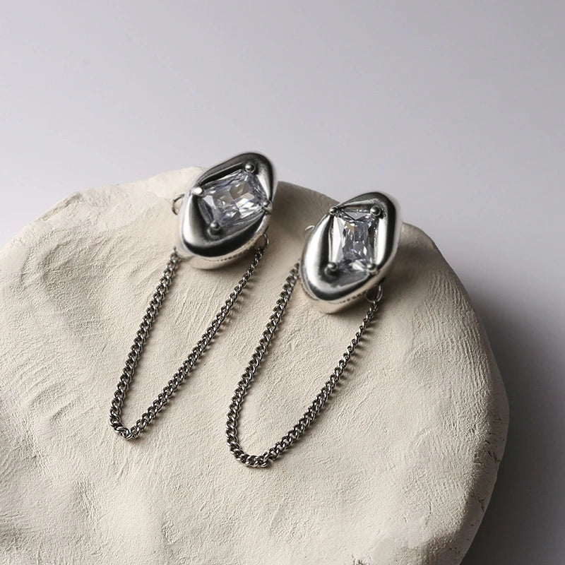 925 Sterling Silver Square Zircon Chain Stud Earrings Vintage Tassel Jewelry