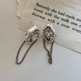 925 Sterling Silver Square Zircon Chain Stud Earrings Vintage Tassel Jewelry