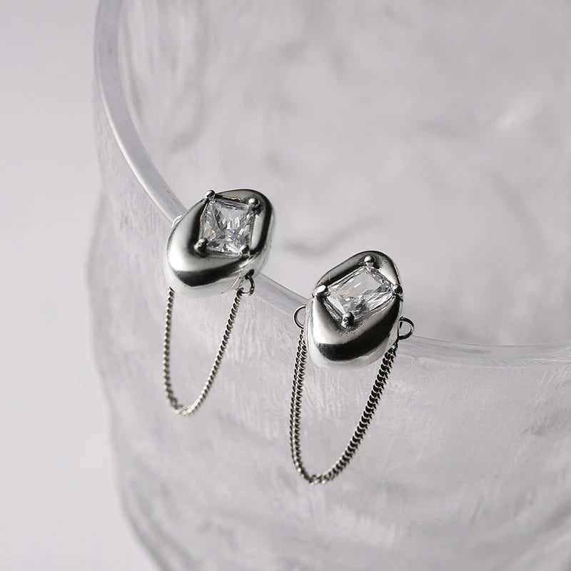 925 Sterling Silver Square Zircon Chain Stud Earrings Vintage Tassel Jewelry