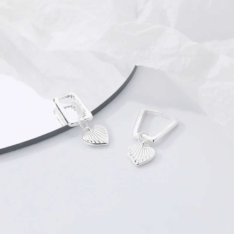 925 Silver Stripe Heart Drop Earrings Twist Square Dangler Fine Jewelry