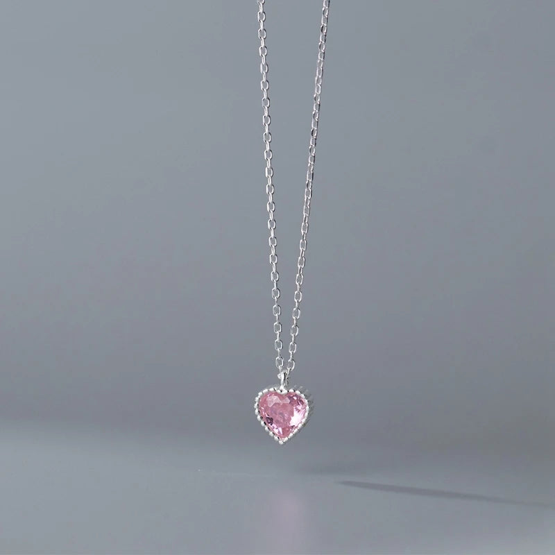 925 Sterling Silver Pink Zircon Heart Pendant Necklace for Women