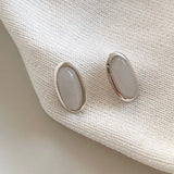 925 Silver Jade Oval Stud Earrings Women's Jewelry