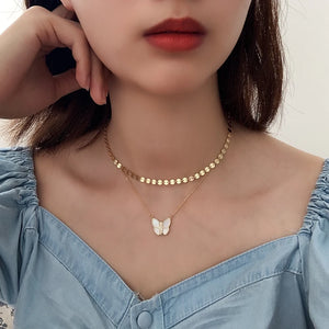 Sterling 925 Silver Shell Butterfly Disc Choker Necklace