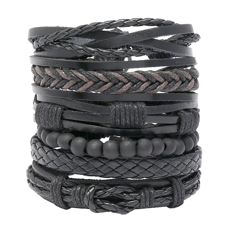 6Pcs Set Multilayer Leather Bracelets Vintage Style Twist Bangles Jewelry