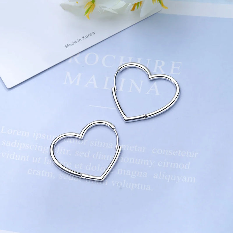 925 Silver Love Heart Hoop Earrings Two Colors S-E926