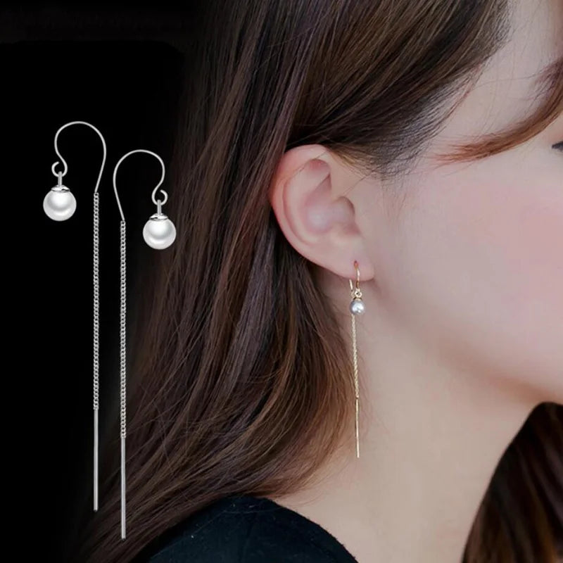 925 Silver Pearl Tassel Ear Line Cute/Romantic Earrings