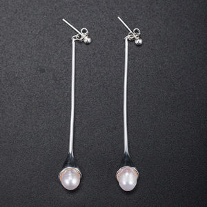925 Silver Pearl Hanging Earrings Ethnic Long Piercing Wedding Jewelry