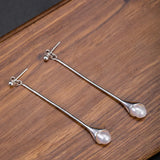 925 Silver Pearl Hanging Earrings Ethnic Long Piercing Wedding Jewelry