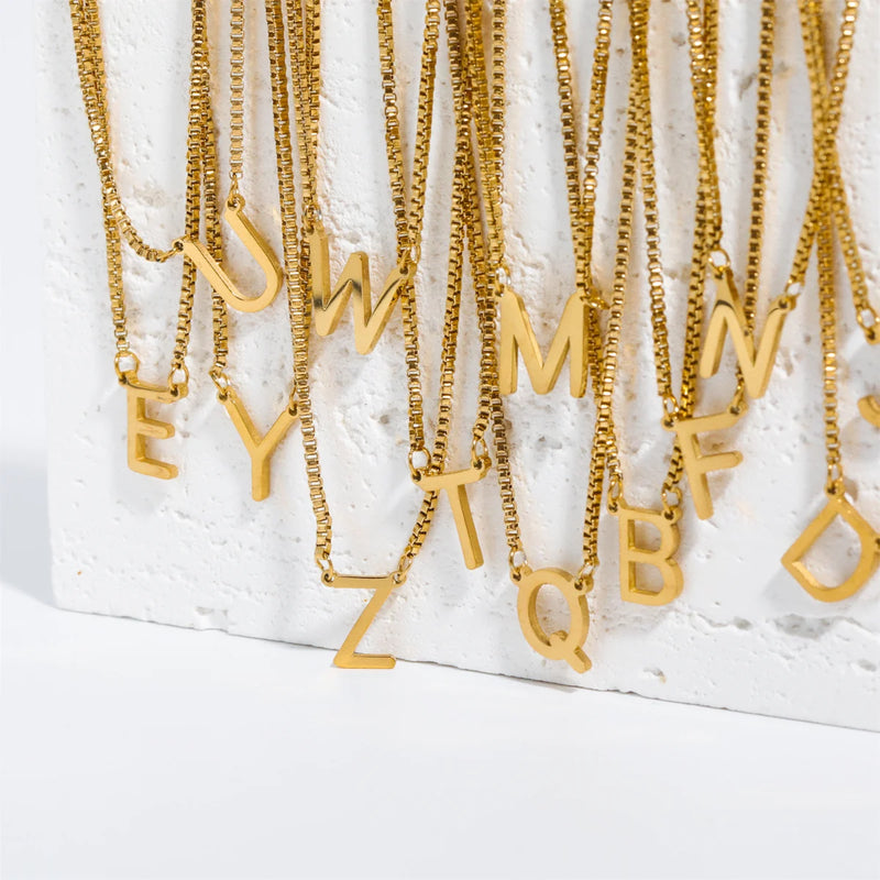 Stainless Steel Letter Necklace A-Z Plated Box Chain Collar Jewelry