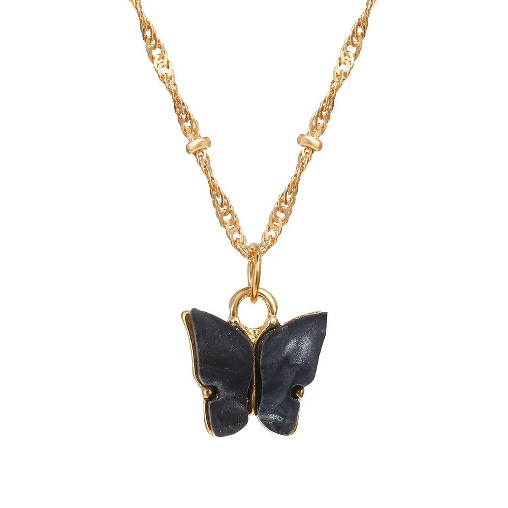 Acrylic Butterfly Pendant Necklace Vintage Pearl Clavicle Chain Jewelry