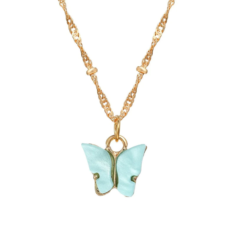 Acrylic Butterfly Pendant Necklace Vintage Pearl Clavicle Chain Jewelry