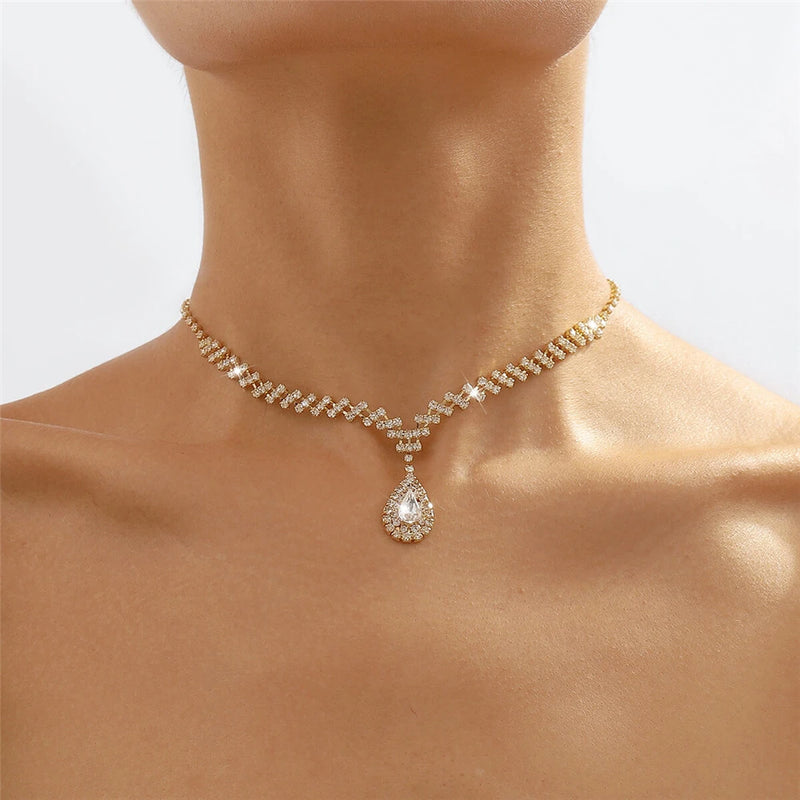 Rhinestone Water Drop Pendant Collarbone Chain Necklace