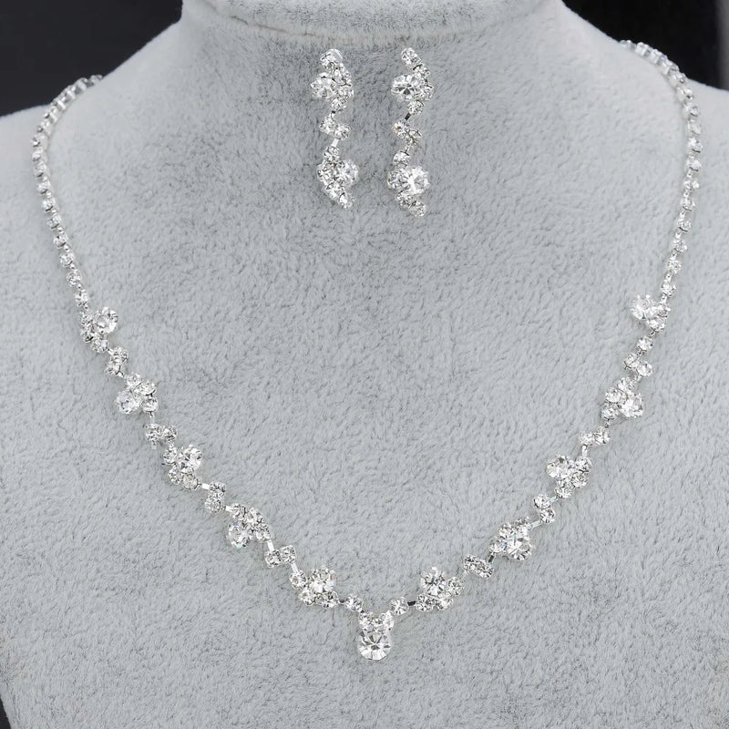 Bridal Jewelry Set Silver Rhinestone Crystal Choker Necklace Earrings