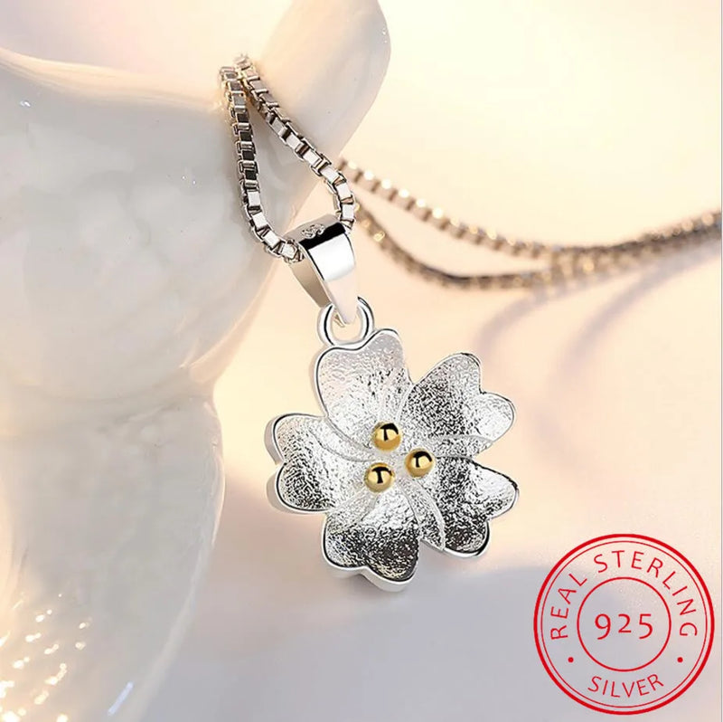 Cherry Blossoms Flower Pendant Necklace 925 Sterling Silver Gift