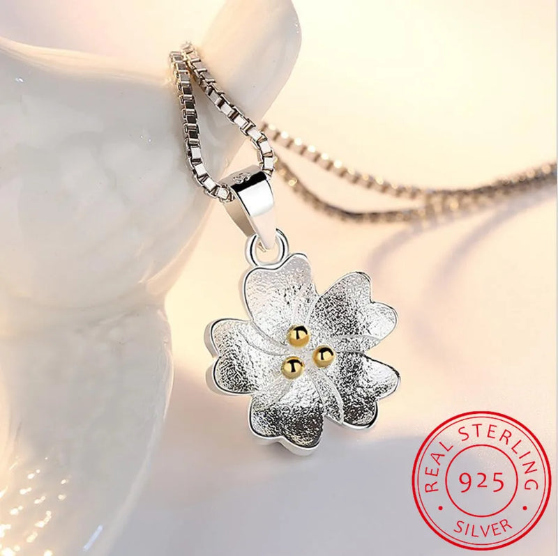 Cherry Blossoms Flower Pendant Necklace 925 Sterling Silver Choker Gift