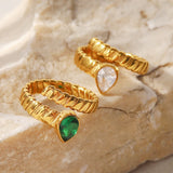 Green Zircon Wedding Rings For Women Stainless Steel Heart Crystal Ring