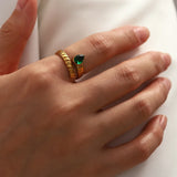 Green Zircon Wedding Rings For Women Stainless Steel Heart Crystal Ring