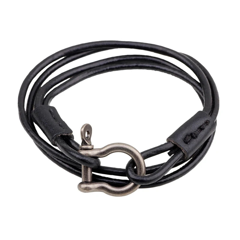 Layered Leather Bracelets with Carabiner Detail