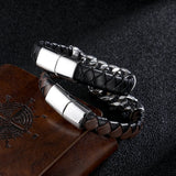 Stainless Steel Chain Leather Bracelet for Men