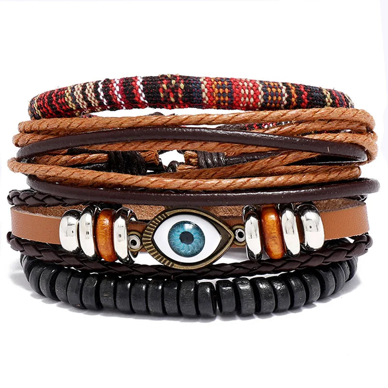 Multi-layer Cowhide Bracelet Set Retro Braided Boho Style