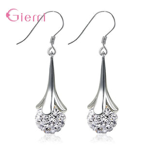 925 Silver Drill Ball Hook Earring Necklace Set Rhinestone Disco Ball Jewelry