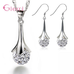 925 Silver Drill Ball Hook Earring Necklace Set Rhinestone Disco Ball Jewelry