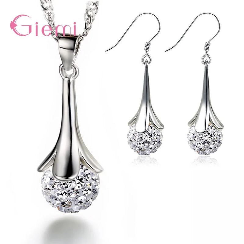 925 Silver Drill Ball Hook Earring Necklace Set Rhinestone Disco Ball Jewelry