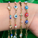 Gold Evil Eye Pendant Necklace with Crystal Pearls Beads