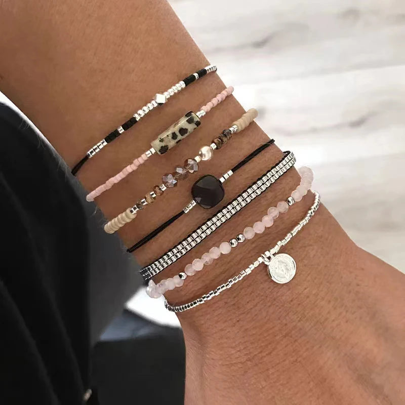 Silver Glass Beads Bracelet with Spotted Stone Crystal Bead Decoration