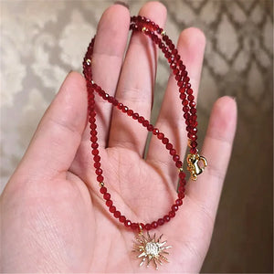 Red Spinel Beads Necklace with Sun Pendant Choker