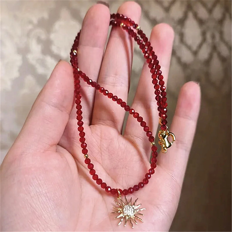 Red Spinel Beads Necklace with Sun Pendant Choker