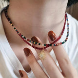 Red Spinel Beads Necklace with Sun Pendant Choker