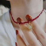 Red Spinel Beads Necklace with Sun Pendant Choker
