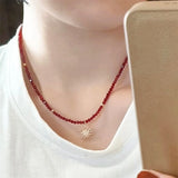 Red Spinel Beads Necklace with Sun Pendant Choker