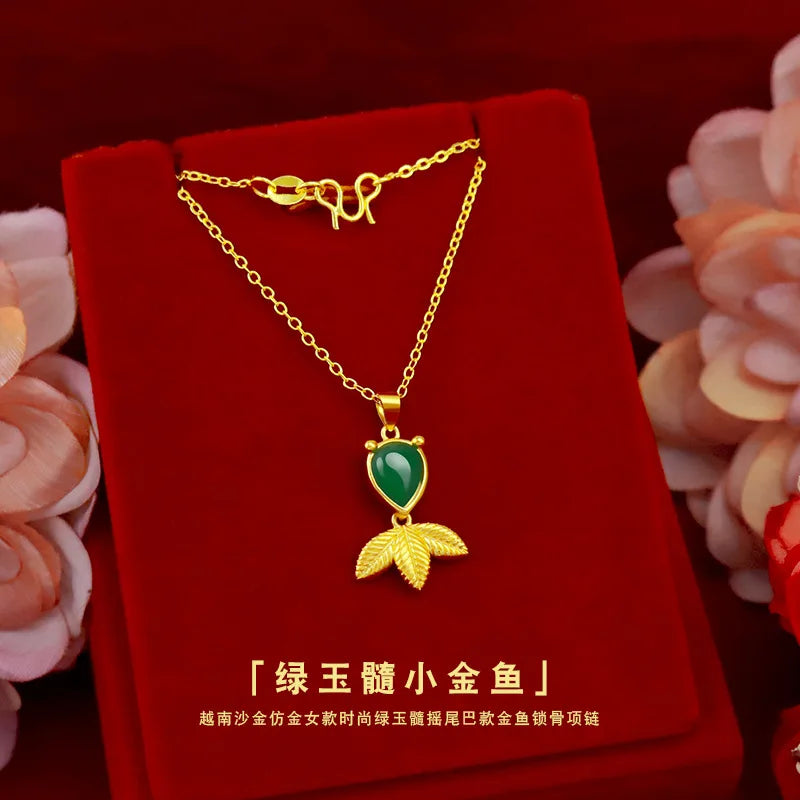 Green Chalcedony Goldfish Pendant Necklace, 18K, Birthday Gift
